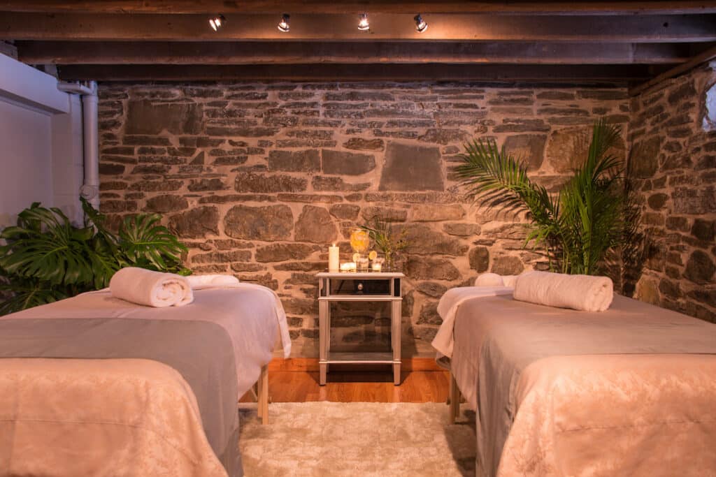 Finger Lakes Bed and Breakfast, photo of the massage room at Inn at Gothic Eves with two massage tables for couples 